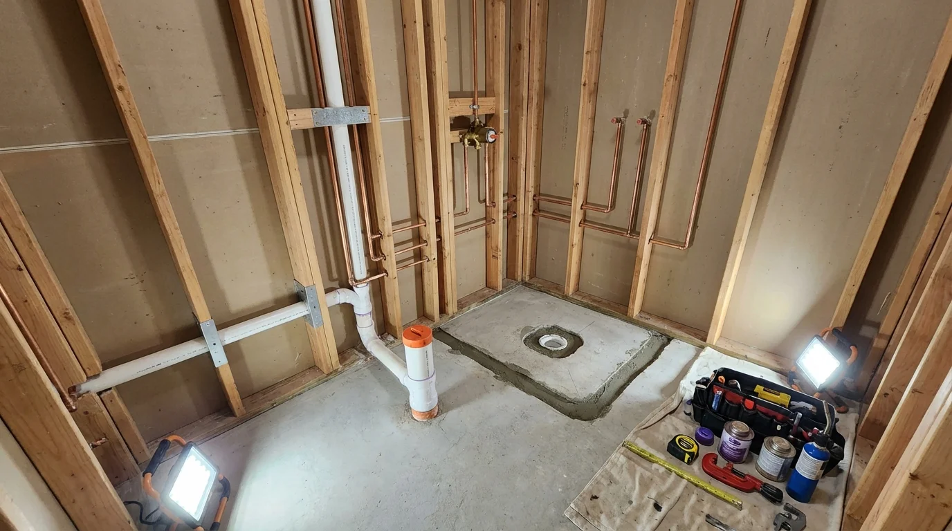 Bathroom rough-in plumbing during remodel by Johns Plumbing LLC in Mullica Hill