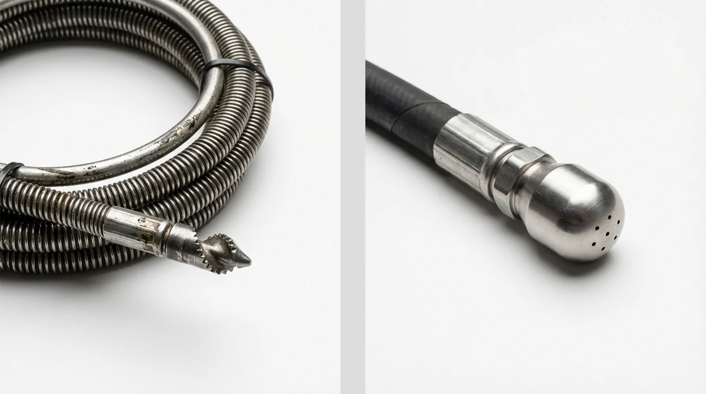 Drain snake cable and hydro jetting nozzle used for drain cleaning in Mullica Hill, NJ