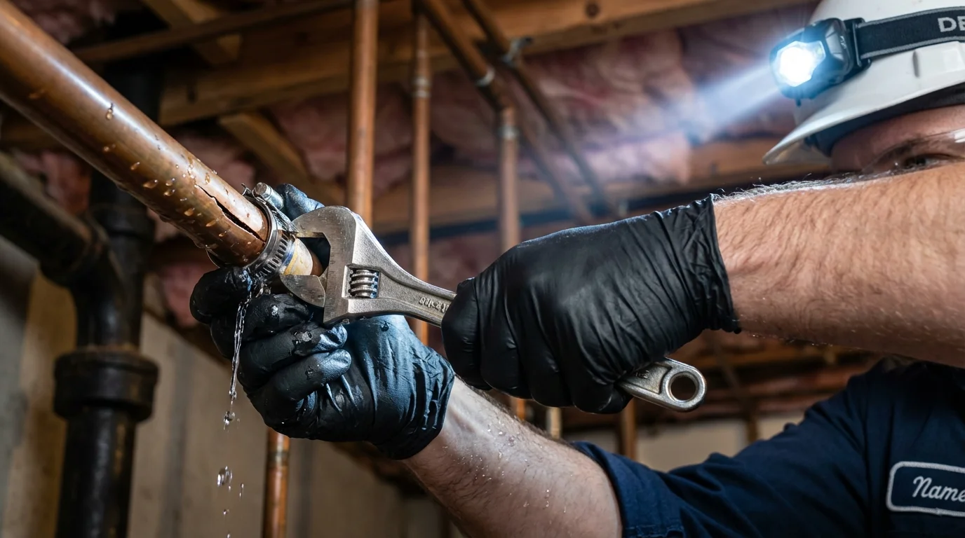 Emergency pipe clamp repair being performed by a Johns Plumbing LLC plumber in Mullica Hill