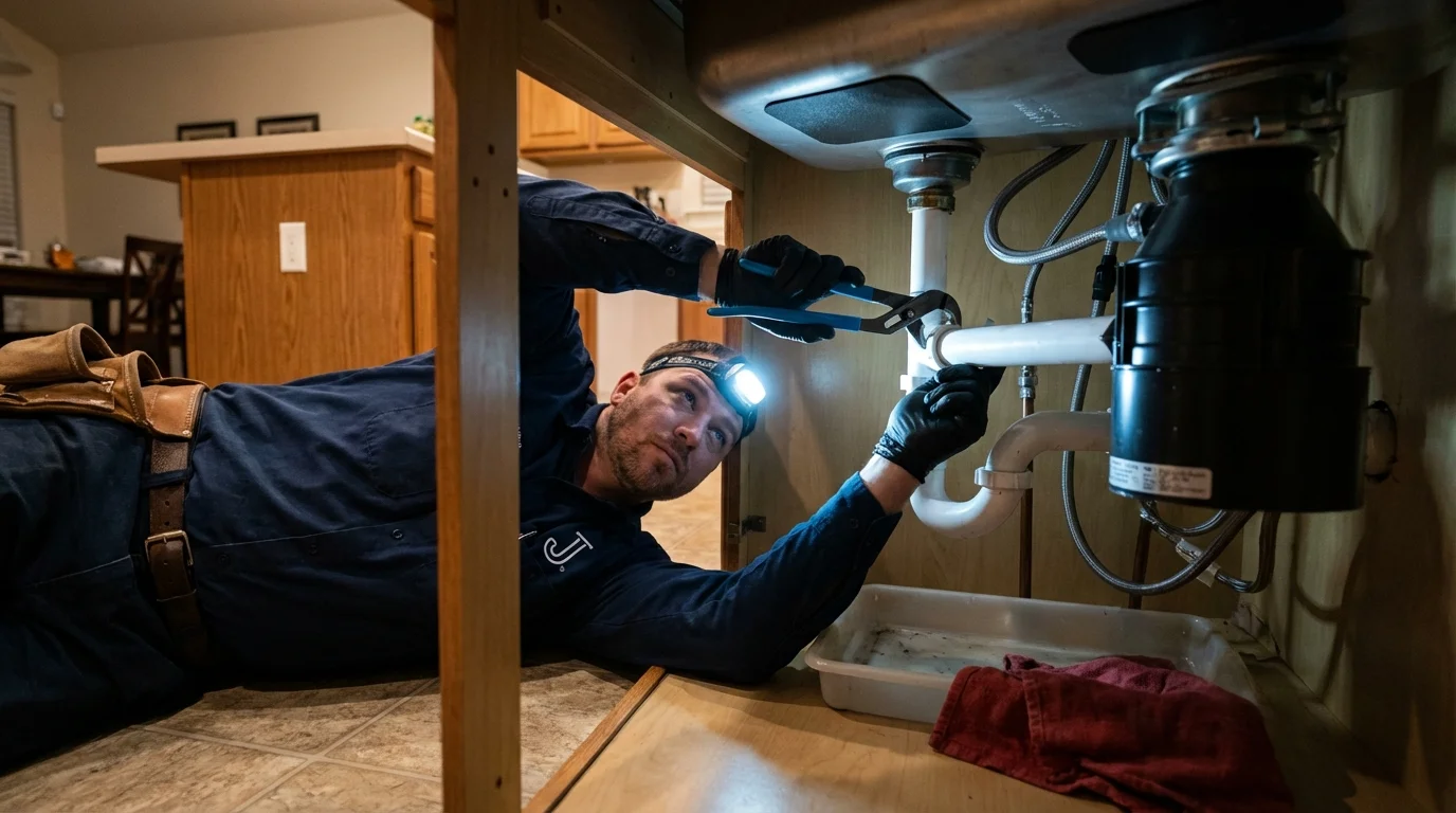 P-trap and supply line connections under a kitchen sink showing a common leak point in Mullica Hill, NJ